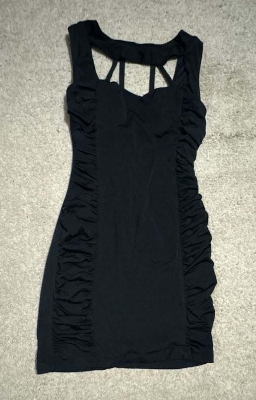 Emerald Sundae Black Ruched Mini Dress Size S Cross Back Bodycon